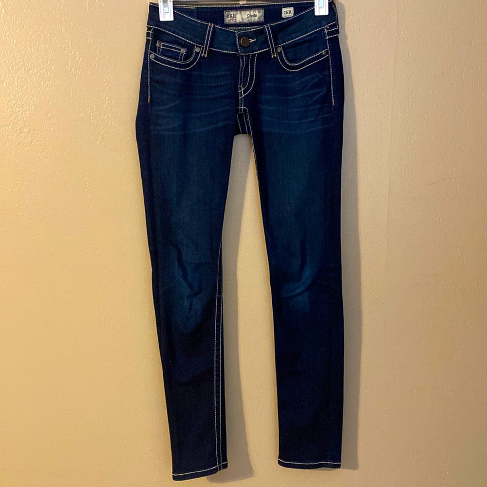 W26/ 31 1/2 BKE Stella Dark Blue White Stitch Skinny Jeans